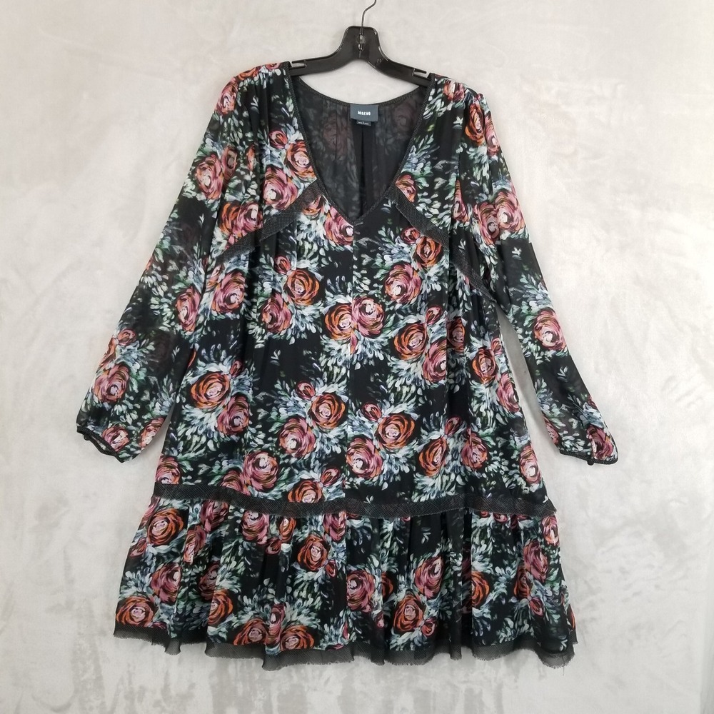 Maeve Anthropologie Dress Women Large Black‎ Floral Tiered Babydoll Dark Cottage
